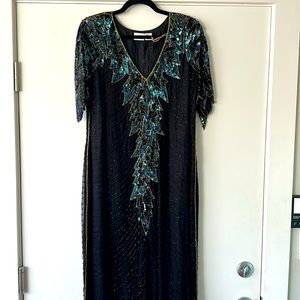 Vintage Sequin Dress Black Gold Iridescent Blue by CC Courtenay Size Medium